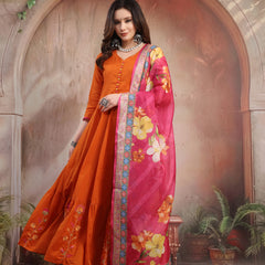 Women Rust Embroidered Anarkali Set with Dupatta