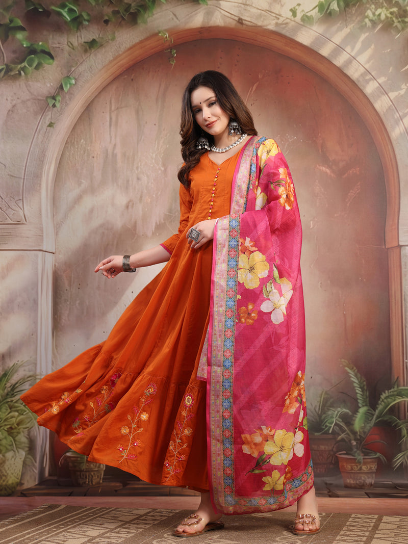 Women Rust Embroidered Anarkali Set with Dupatta