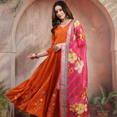 Women Rust Embroidered Anarkali Set with Dupatta