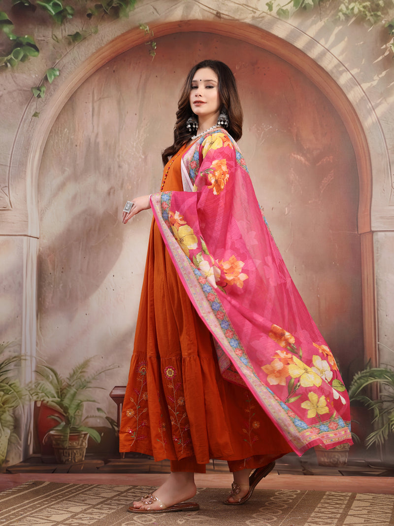 Women Rust Embroidered Anarkali Set with Dupatta