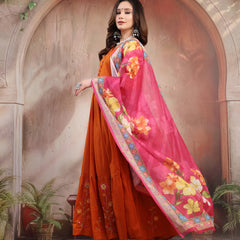 Women Rust Embroidered Anarkali Set with Dupatta