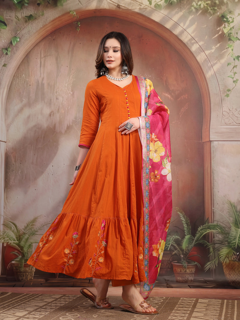 Women Rust Embroidered Anarkali Set with Dupatta