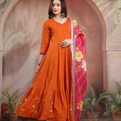 Women Rust Embroidered Anarkali Set with Dupatta