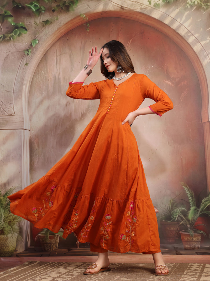Women Rust Embroidered Anarkali Set with Dupatta