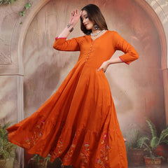 Women Rust Embroidered Anarkali Set with Dupatta