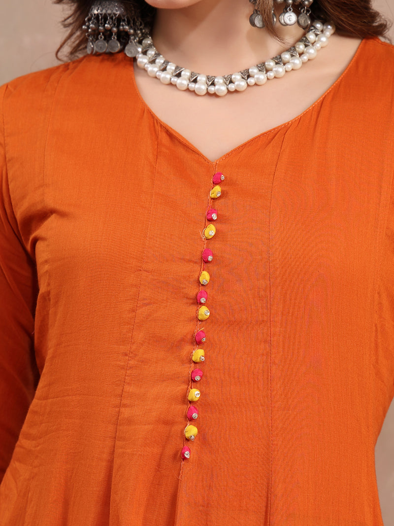 Women Rust Embroidered Anarkali Set with Dupatta