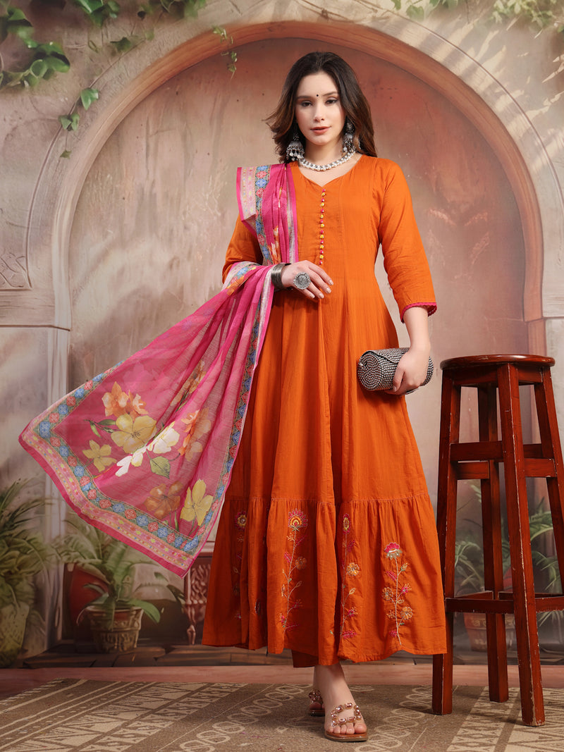 Women Rust Embroidered Anarkali Set with Dupatta