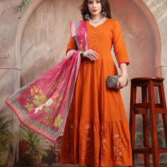 Women Rust Embroidered Anarkali Set with Dupatta