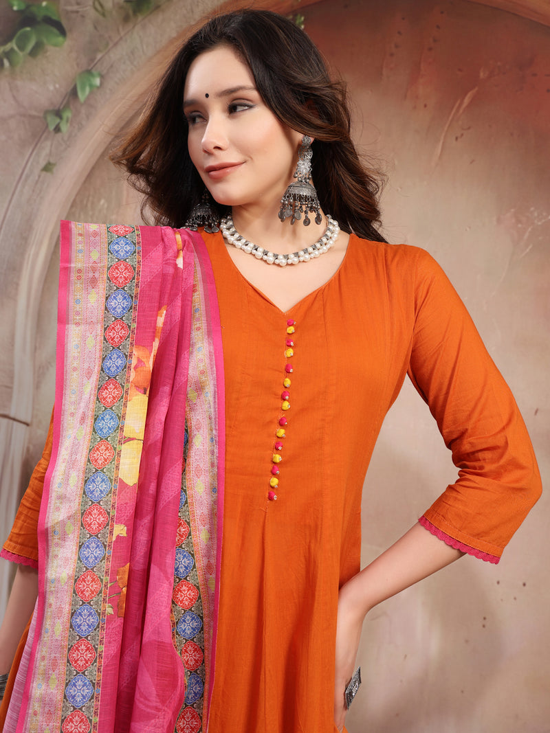 Women Rust Embroidered Anarkali Set with Dupatta
