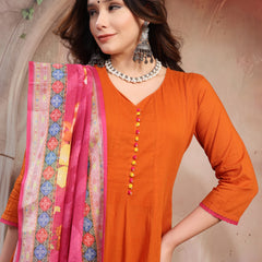 Women Rust Embroidered Anarkali Set with Dupatta