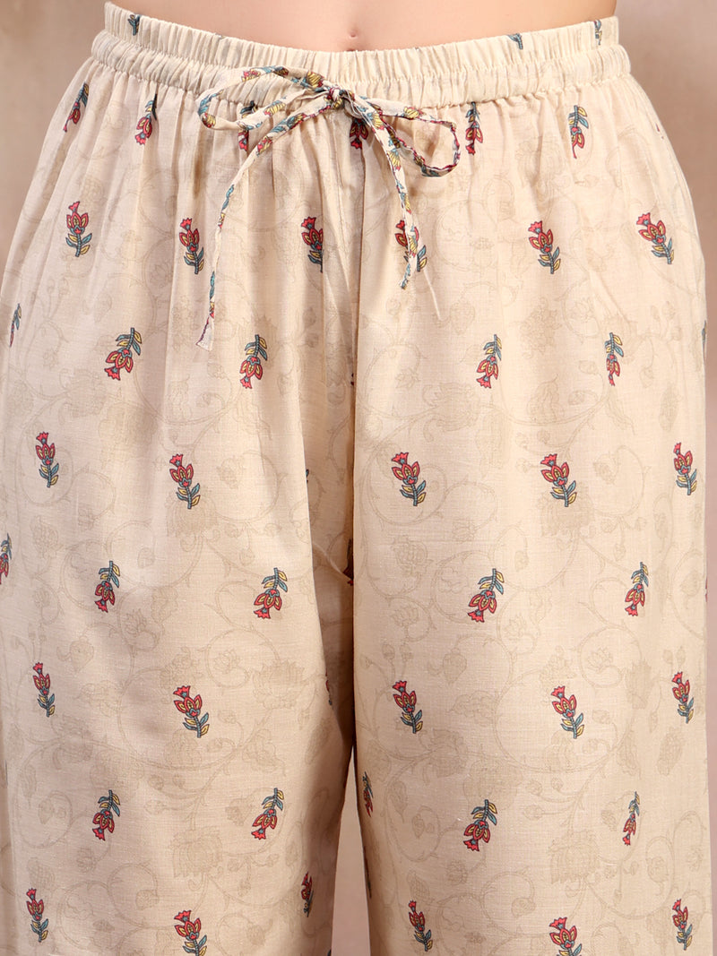 Women Beige Printed Cotton Kurta Palazzo Set with Dupatta