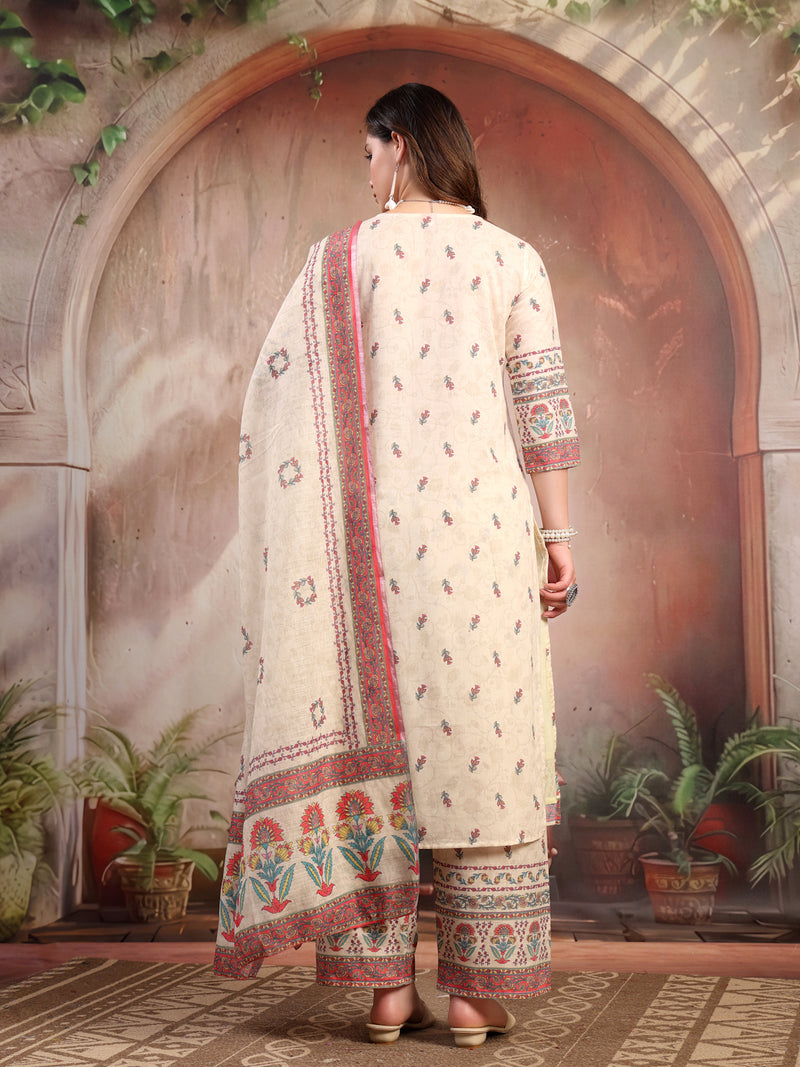 Women Beige Printed Cotton Kurta Palazzo Set with Dupatta