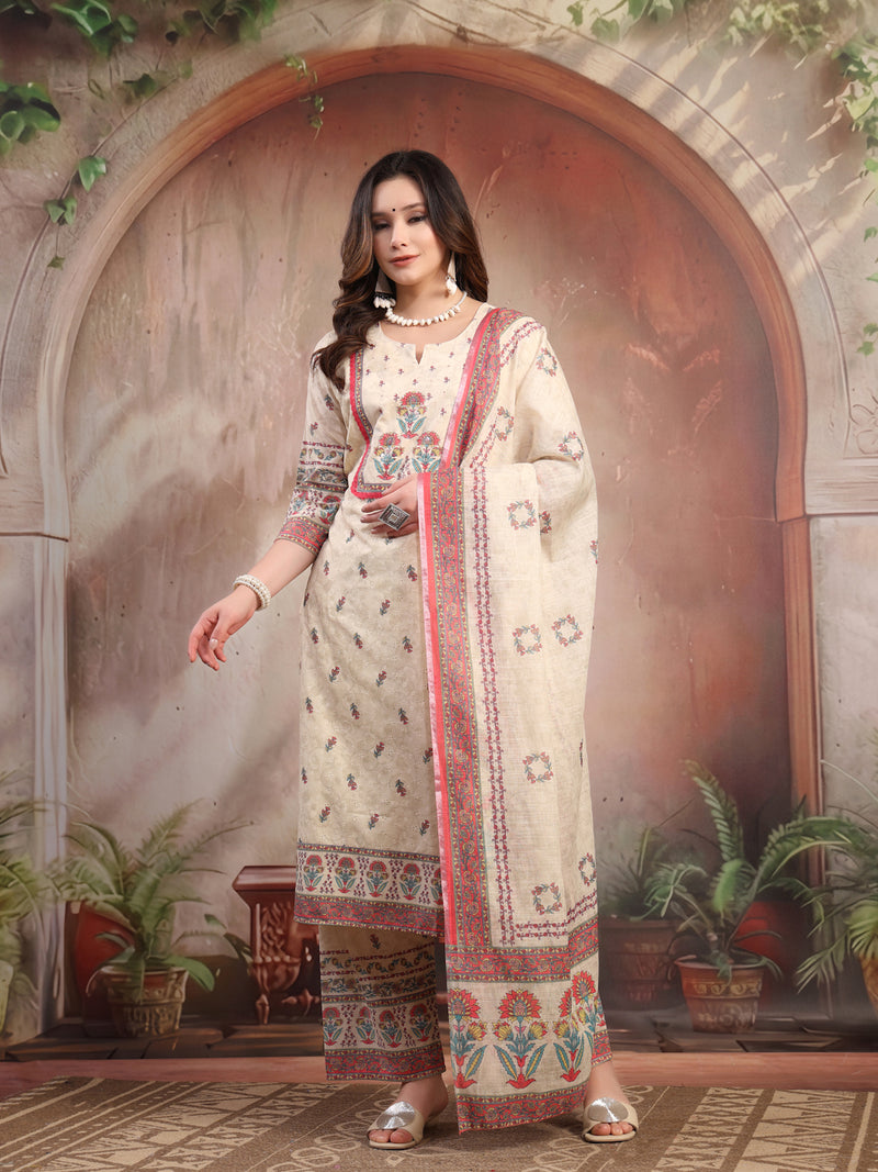 Women Beige Printed Cotton Kurta Palazzo Set with Dupatta