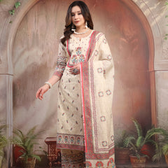 Women Beige Printed Cotton Kurta Palazzo Set with Dupatta