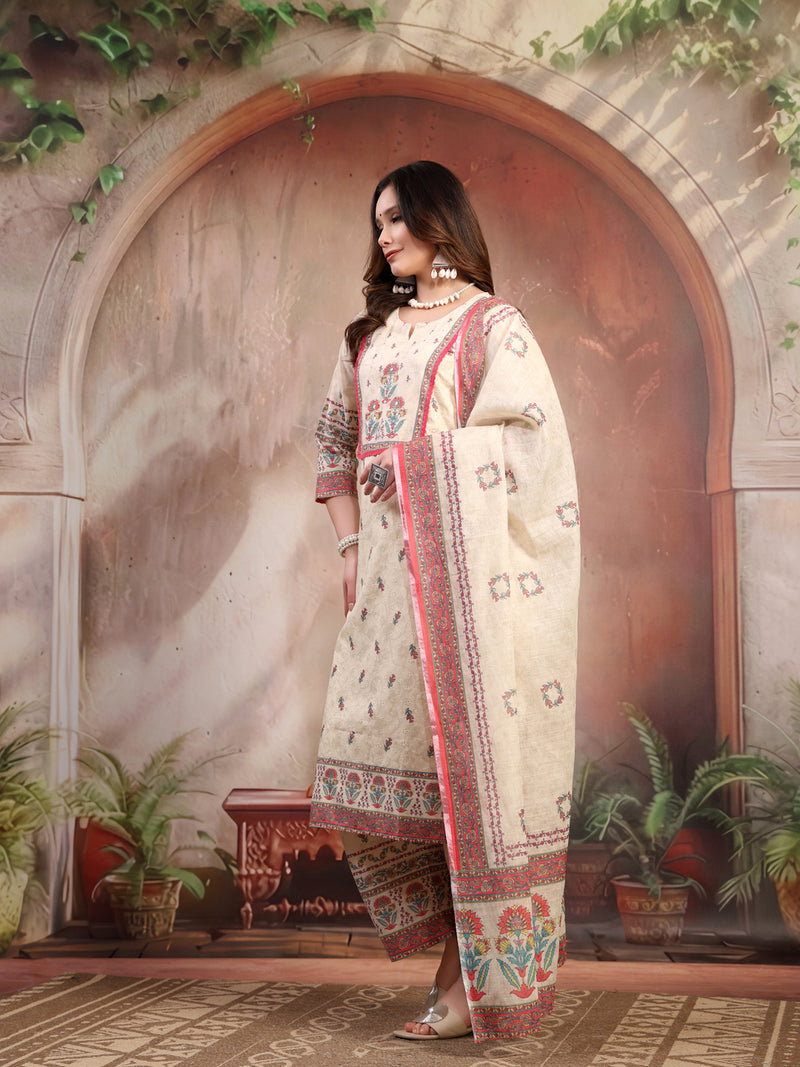 Women Beige Printed Cotton Kurta Palazzo Set with Dupatta