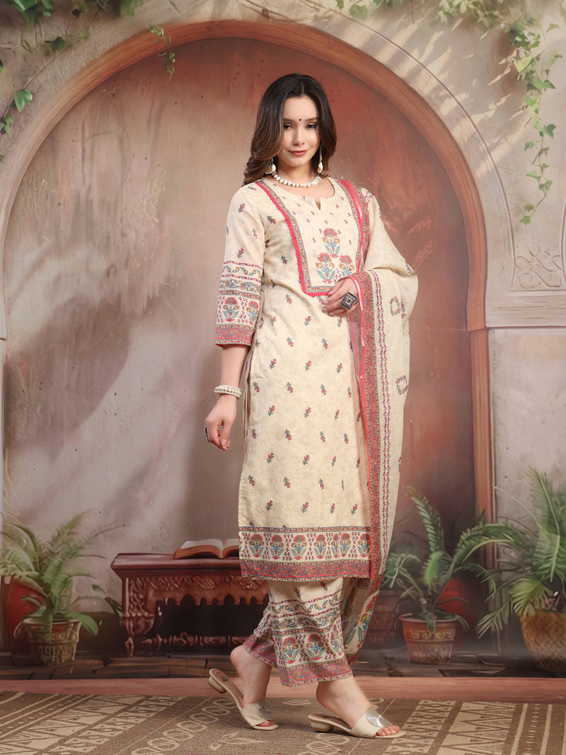 Women Beige Printed Cotton Kurta Palazzo Set with Dupatta