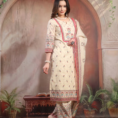 Women Beige Printed Cotton Kurta Palazzo Set with Dupatta