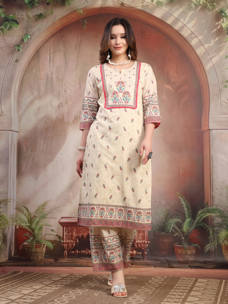 Women Beige Printed Cotton Kurta Palazzo Set with Dupatta
