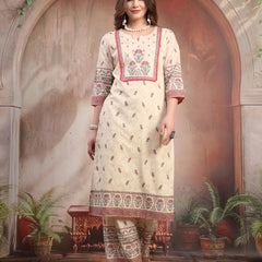 Women Beige Printed Cotton Kurta Palazzo Set with Dupatta