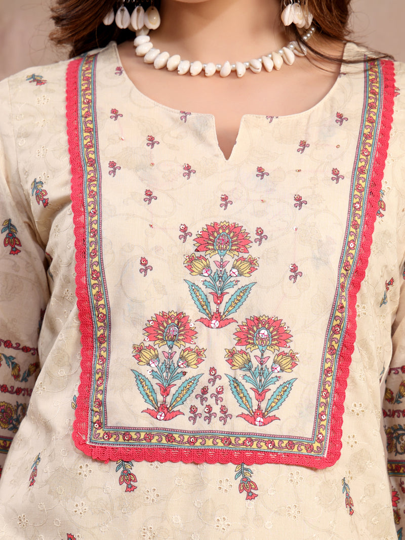 Women Beige Printed Cotton Kurta Palazzo Set with Dupatta