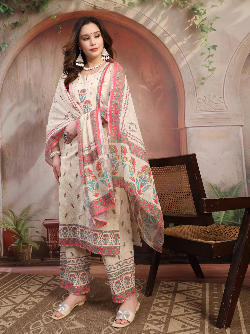 Women Beige Printed Cotton Kurta Palazzo Set with Dupatta
