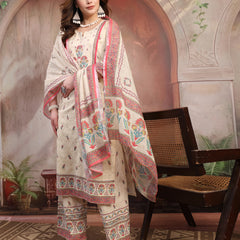 Women Beige Printed Cotton Kurta Palazzo Set with Dupatta
