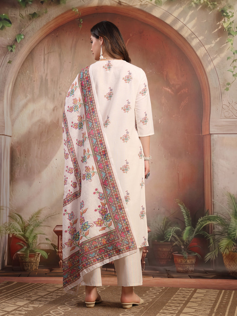 Women Off White Printed Cotton A-Line Kurta Palazzo Set with Dupatta