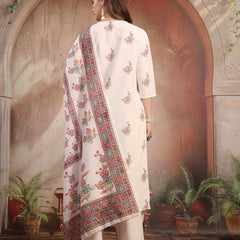 Women Off White Printed Cotton A-Line Kurta Palazzo Set with Dupatta