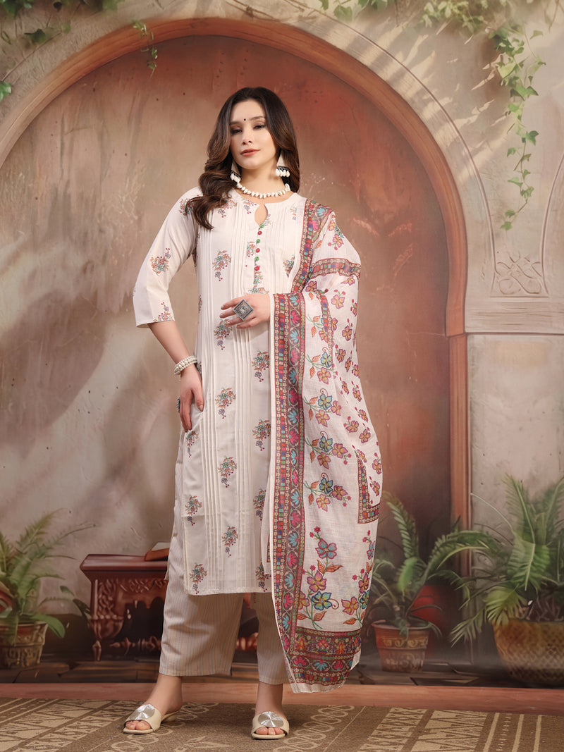 Women Off White Printed Cotton A-Line Kurta Palazzo Set with Dupatta