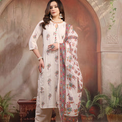 Women Off White Printed Cotton A-Line Kurta Palazzo Set with Dupatta