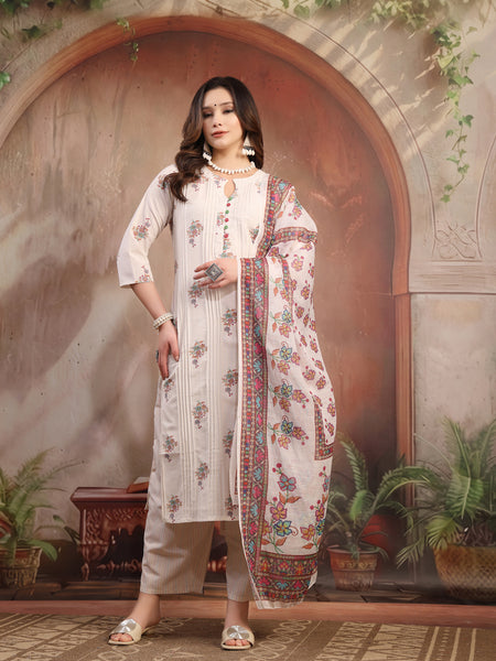 Women Off White Printed Cotton A-Line Kurta Palazzo Set with Dupatta