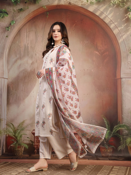 Women Off White Printed Cotton A-Line Kurta Palazzo Set with Dupatta