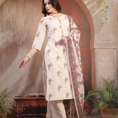 Women Off White Printed Cotton A-Line Kurta Palazzo Set with Dupatta