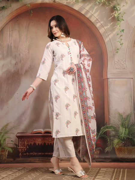 Women Off White Printed Cotton A-Line Kurta Palazzo Set with Dupatta