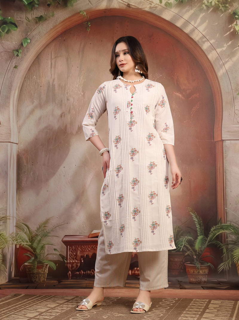 Women Off White Printed Cotton A-Line Kurta Palazzo Set with Dupatta