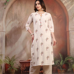 Women Off White Printed Cotton A-Line Kurta Palazzo Set with Dupatta