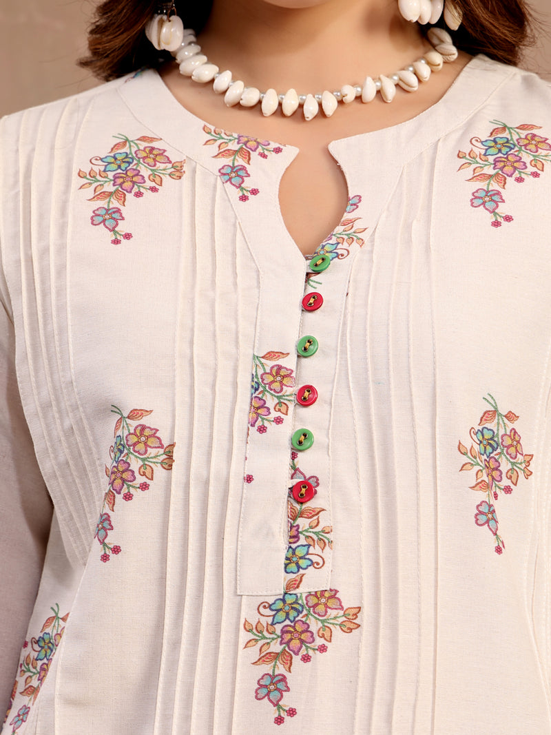Women Off White Printed Cotton A-Line Kurta Palazzo Set with Dupatta