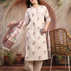 Women Off White Printed Cotton A-Line Kurta Palazzo Set with Dupatta