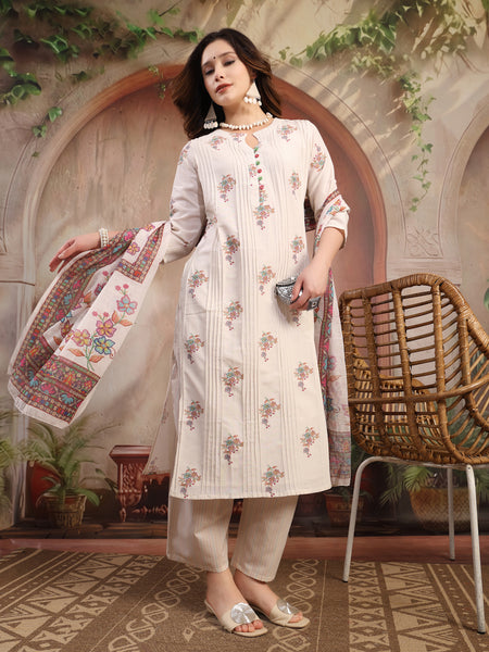 Women Off White Printed Cotton A-Line Kurta Palazzo Set with Dupatta