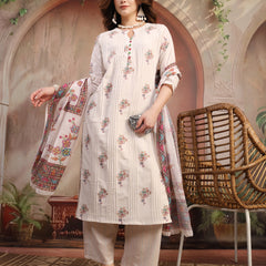 Women Off White Printed Cotton A-Line Kurta Palazzo Set with Dupatta