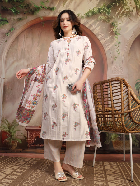 Women Off White Printed Cotton A-Line Kurta Palazzo Set with Dupatta
