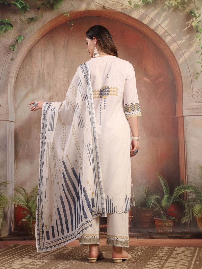 Women White Embroidered Cotton Kurta Palazzo Set with Dupatta