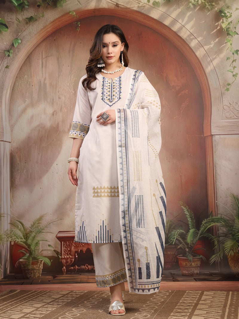 Women White Embroidered Cotton Kurta Palazzo Set with Dupatta