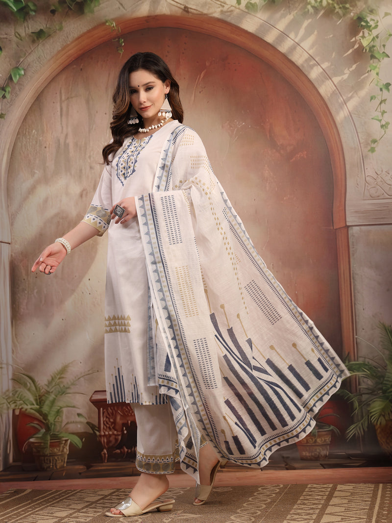 Women White Embroidered Cotton Kurta Palazzo Set with Dupatta