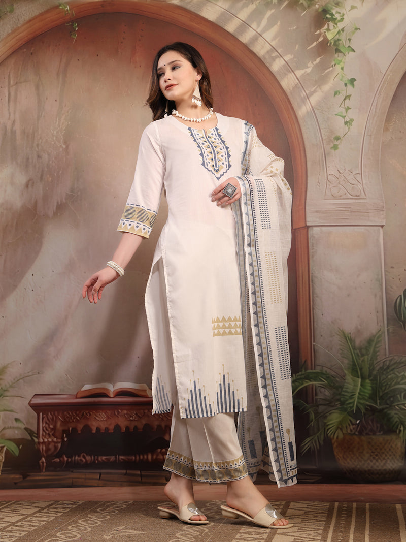 Women White Embroidered Cotton Kurta Palazzo Set with Dupatta