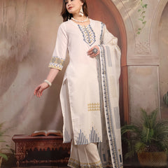 Women White Embroidered Cotton Kurta Palazzo Set with Dupatta