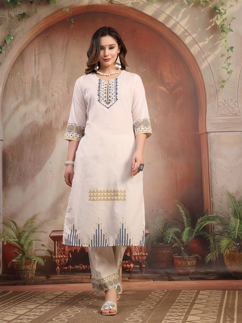 Women White Embroidered Cotton Kurta Palazzo Set with Dupatta