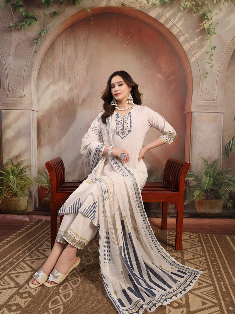 Women White Embroidered Cotton Kurta Palazzo Set with Dupatta