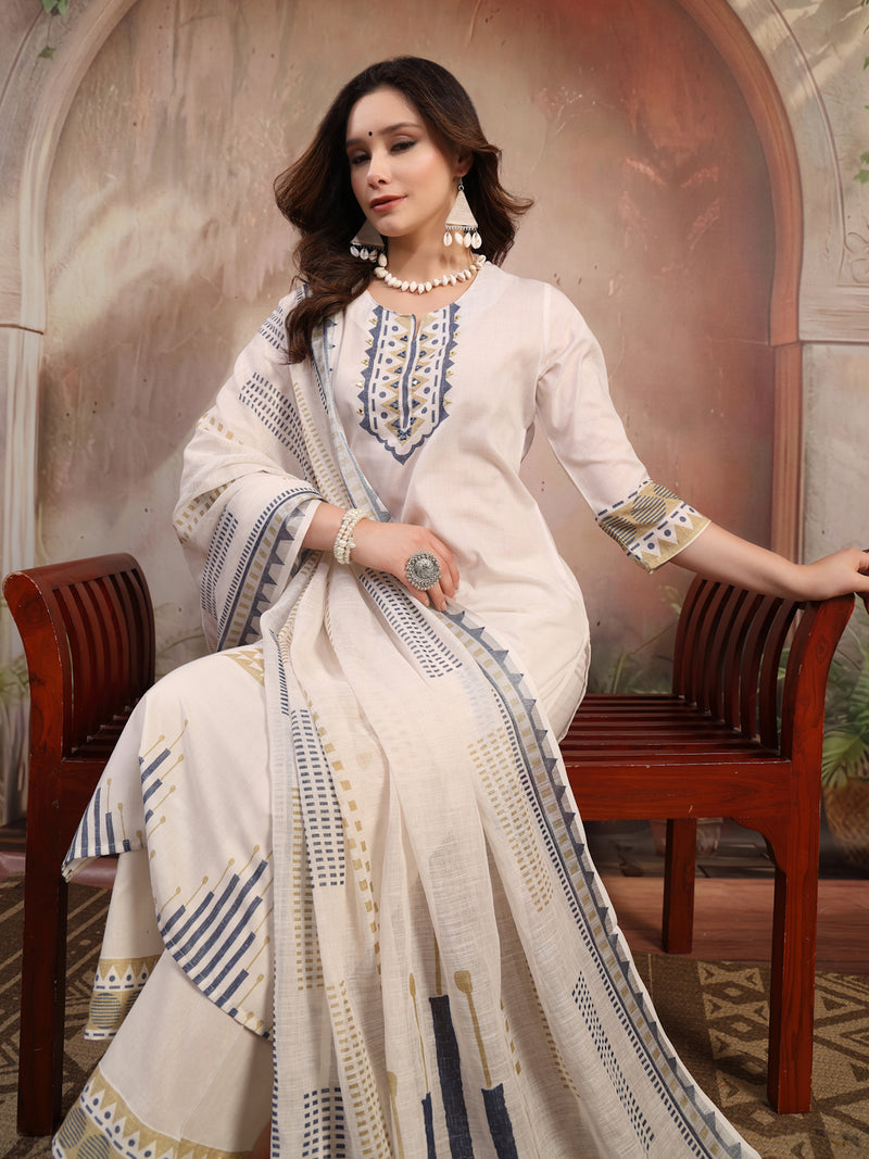 Women White Embroidered Cotton Kurta Palazzo Set with Dupatta