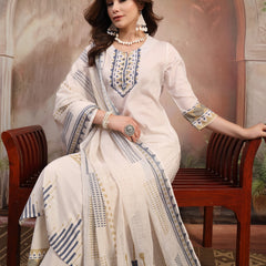 Women White Embroidered Cotton Kurta Palazzo Set with Dupatta